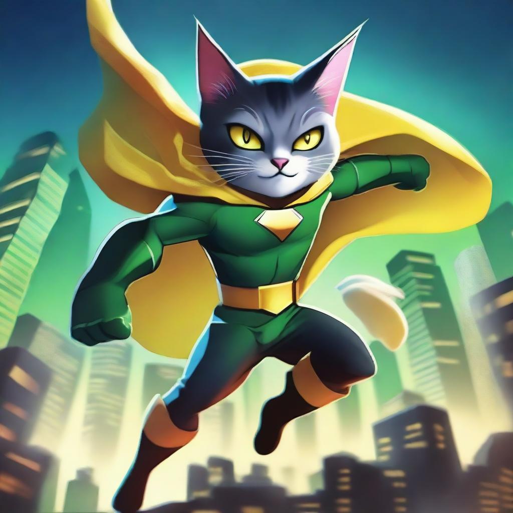 A dynamic scene featuring a superhero cat with a yellow cape and green eyes, engaged in an epic battle against a villain