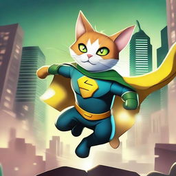 A dynamic scene featuring a superhero cat with a yellow cape and green eyes, engaged in an epic battle against a villain