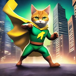 A dynamic scene featuring a superhero cat with a yellow cape and green eyes, engaged in an epic battle against a villain