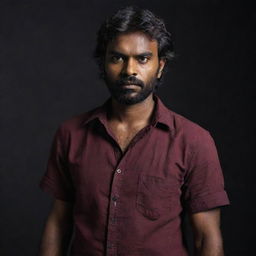 An Indian man with dark skin, messy hair to his cheeks, and a slight beard, clad in a maroon shirt, firmly gripping a short axe in each hand, standing in a moody, dimly lit environment.