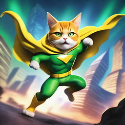 A dynamic scene featuring a superhero cat with a yellow cape and green eyes, engaged in an epic battle against a villain