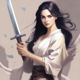 A strong, enigmatic woman with piercing brown eyes and dark hair, grasping a sword with conviction