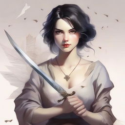 A strong, enigmatic woman with piercing brown eyes and dark hair, grasping a sword with conviction