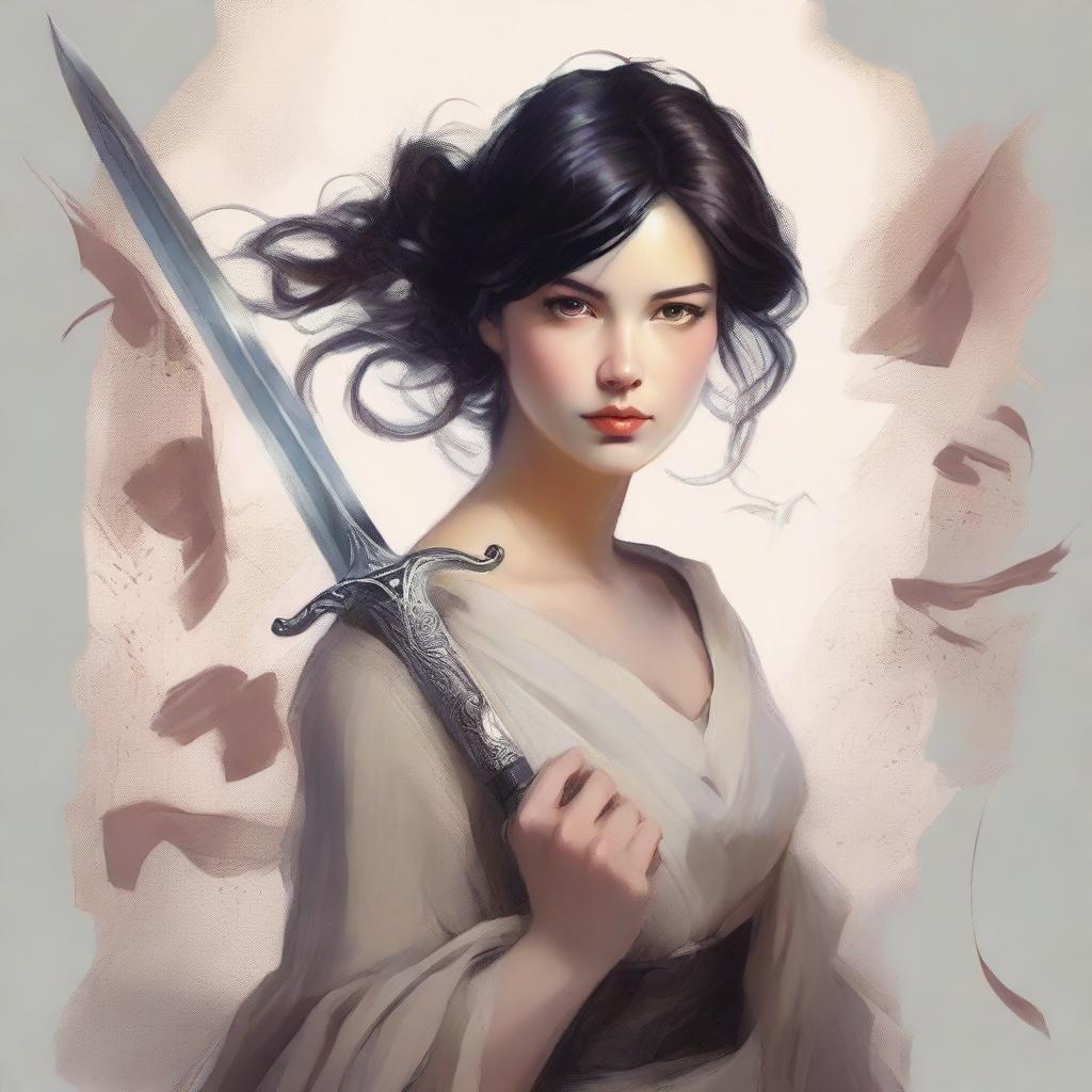 A strong, enigmatic woman with piercing brown eyes and dark hair, grasping a sword with conviction