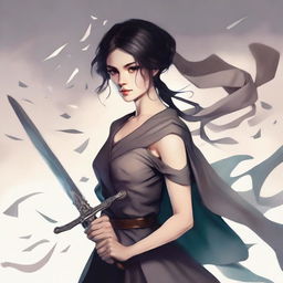 A strong, enigmatic woman with piercing brown eyes and dark hair, grasping a sword with conviction