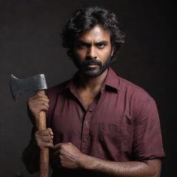 An Indian man with dark skin, messy hair to his cheeks, and a slight beard, clad in a maroon shirt, firmly gripping a short axe in each hand, standing in a moody, dimly lit environment.