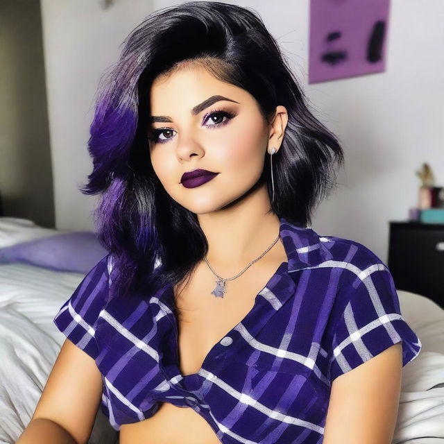 Selena Gomez with dark blue, short, and messy hair swept to the side