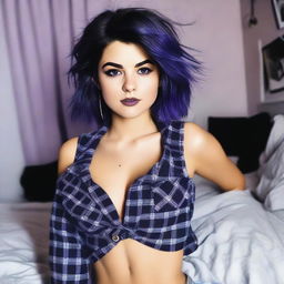 Selena Gomez with dark blue, short, and messy hair swept to the side