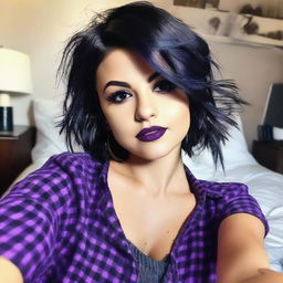 Selena Gomez with dark blue, short, and messy hair swept to the side