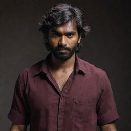 An Indian man with dark skin, messy hair to his cheeks, and a slight beard, clad in a maroon shirt, firmly gripping a short axe in each hand, standing in a moody, dimly lit environment.