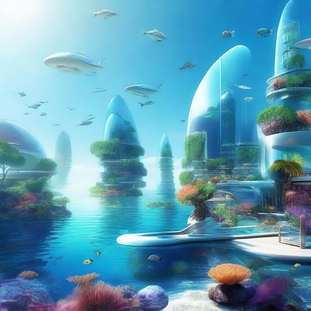 A stunning futuristic village located under the sea, with sleek, modern buildings made of glass and metal