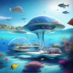 A stunning futuristic village located under the sea, with sleek, modern buildings made of glass and metal