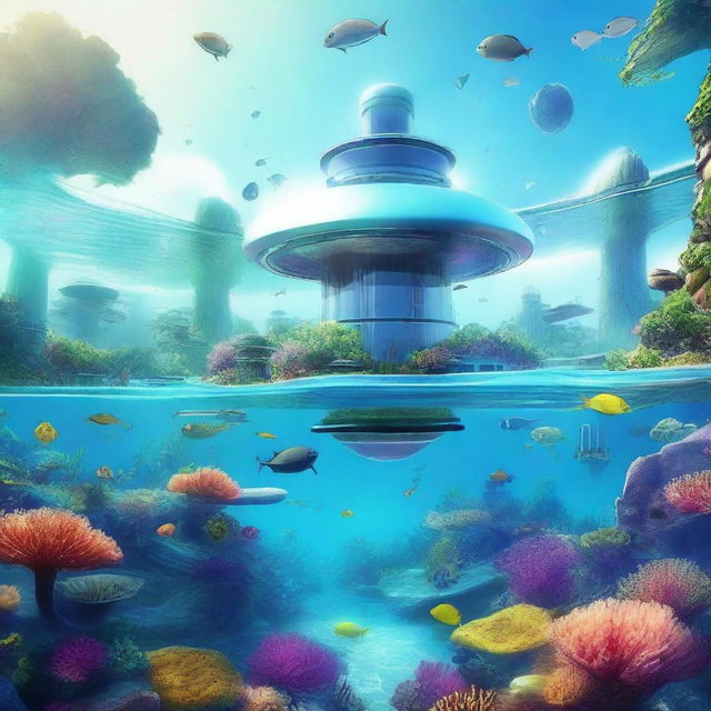 A stunning futuristic village located under the sea, with sleek, modern buildings made of glass and metal