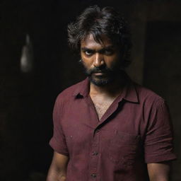 An Indian man with dark skin, messy hair to his cheeks, and a slight beard, clad in a maroon shirt, firmly gripping a short axe in each hand, standing in a moody, dimly lit environment.