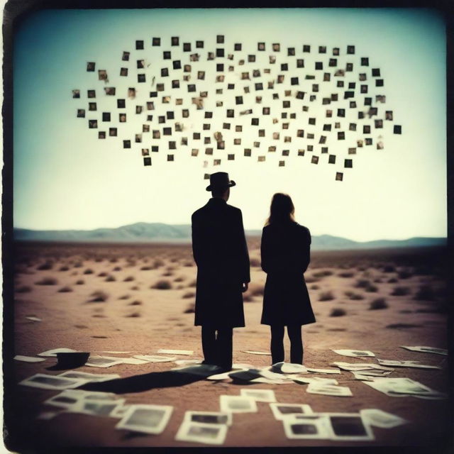 A man and woman falling in love under a desert sky composed of Polaroid pictures of serial killer victims