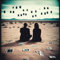 A man and woman falling in love under a desert sky composed of Polaroid pictures of serial killer victims