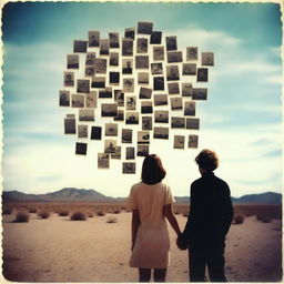 A man and woman falling in love under a desert sky composed of Polaroid pictures of serial killer victims