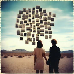 A man and woman falling in love under a desert sky composed of Polaroid pictures of serial killer victims