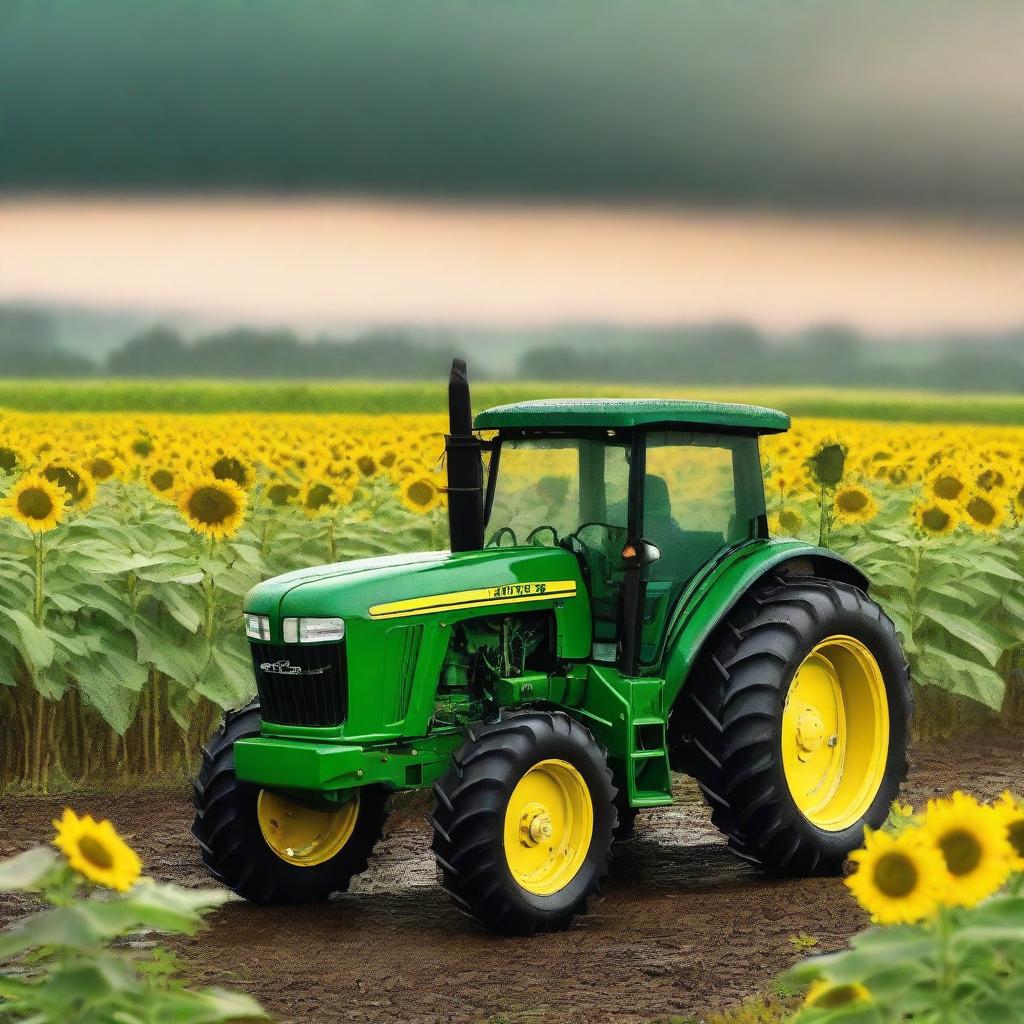 A green John Deere tractor parked in a sunflower field on a beautiful afternoon during golden hour, with rain falling.