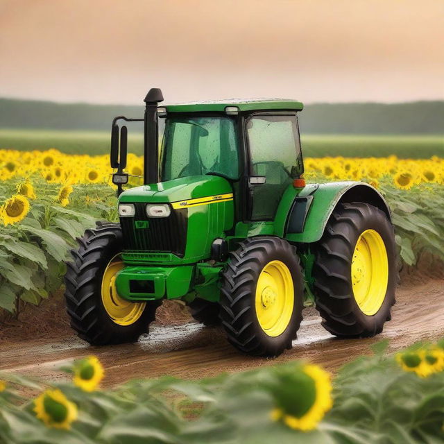 A green John Deere tractor parked in a sunflower field on a beautiful afternoon during golden hour, with rain falling.