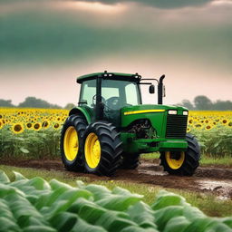 A green John Deere tractor parked in a sunflower field on a beautiful afternoon during golden hour, with rain falling.