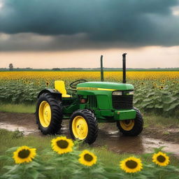 A green John Deere tractor parked in a sunflower field on a beautiful afternoon during golden hour, with rain falling.