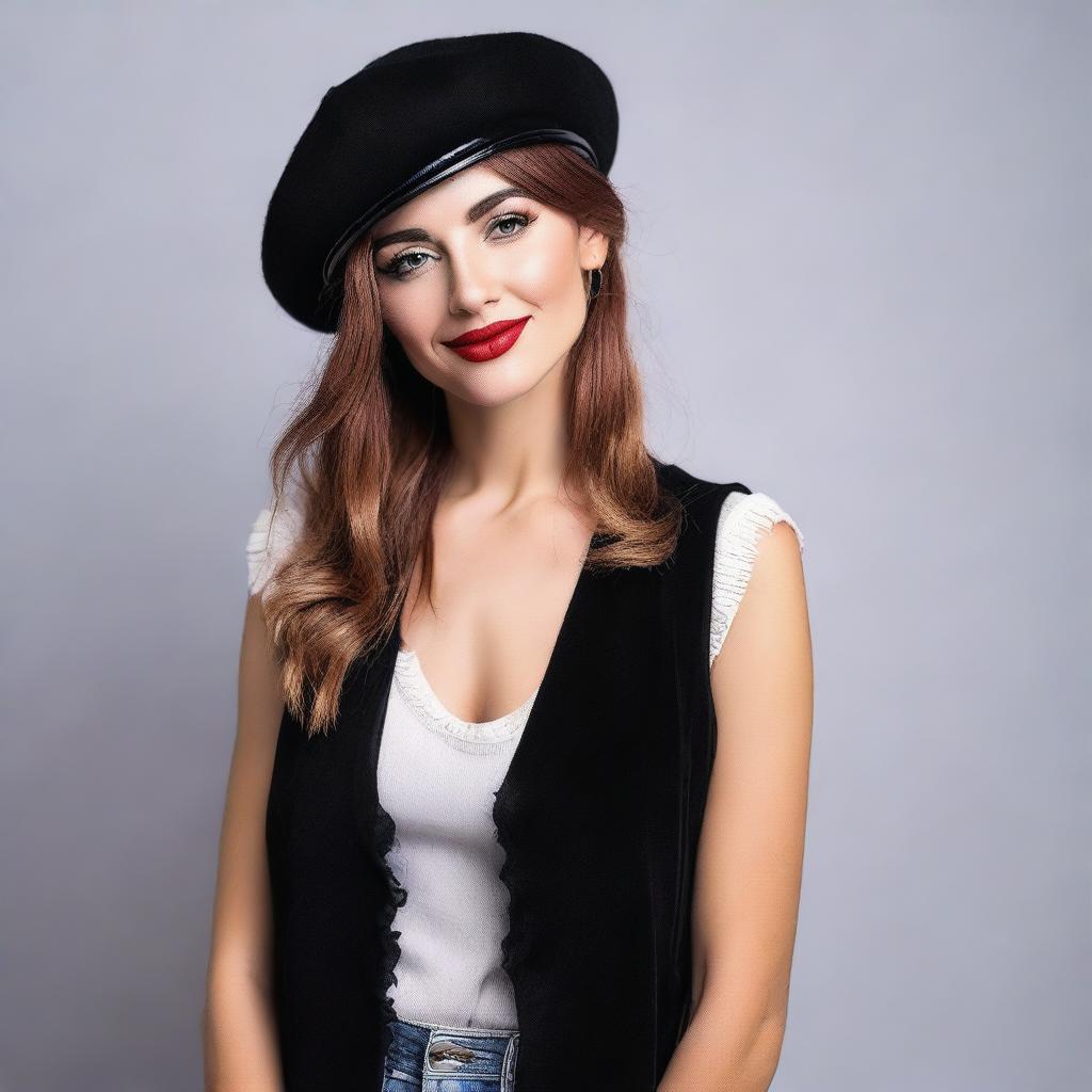 A sexy woman wearing a fringed vest and a beret