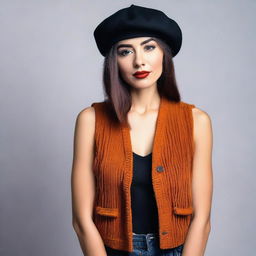 A sexy woman wearing a fringed vest and a beret