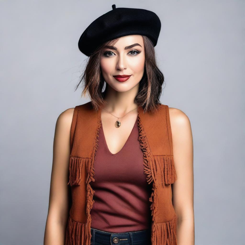 A sexy woman wearing a fringed vest and a beret