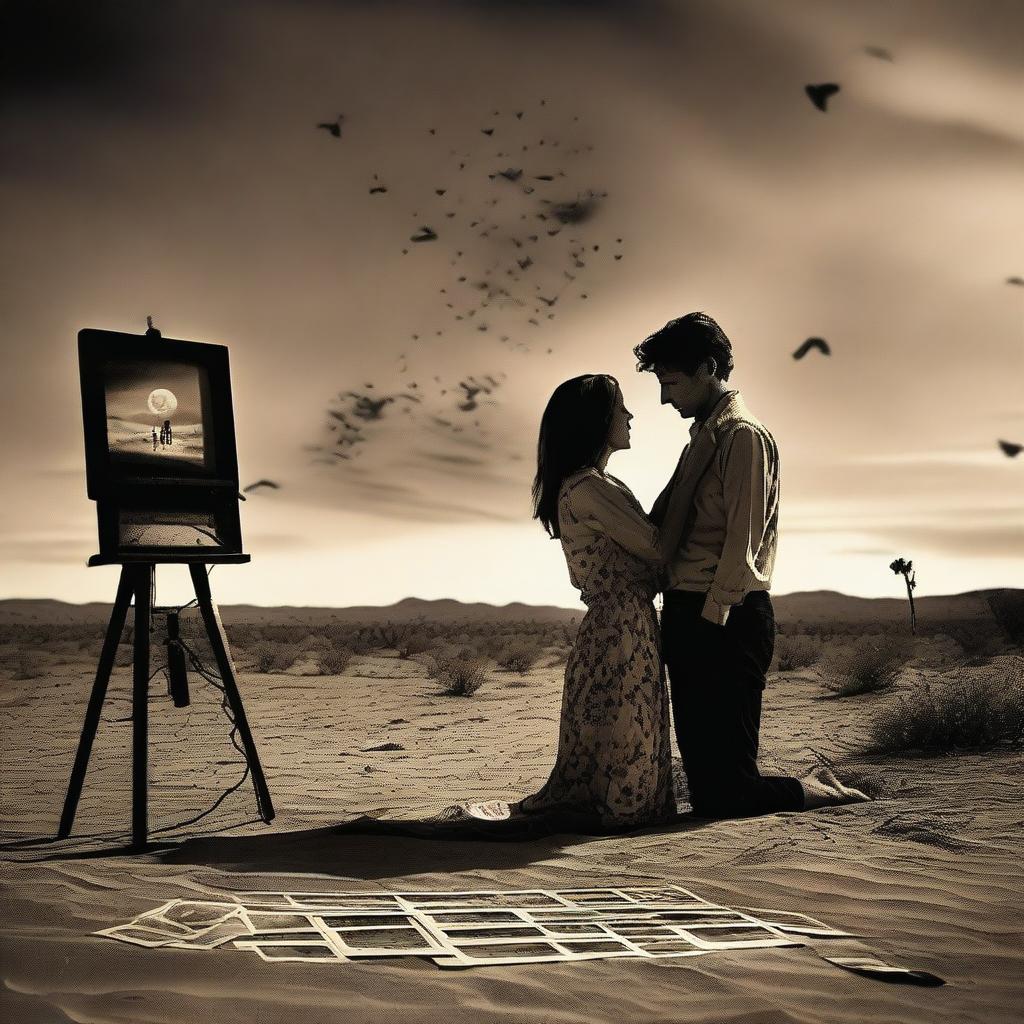 A man and woman falling in love under a desert sky