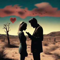 A man and woman falling in love under a desert sky