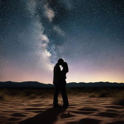 A man and woman falling in love under the stars of a desert sky, which is composed of photos of serial killer victims