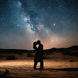 A man and woman falling in love under the stars of a desert sky, which is composed of photos of serial killer victims