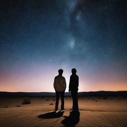 A man and woman falling in love under the stars of a desert sky, which is composed of photos of serial killer victims