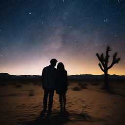 A man and woman falling in love under the stars of a desert sky, which is composed of photos of serial killer victims