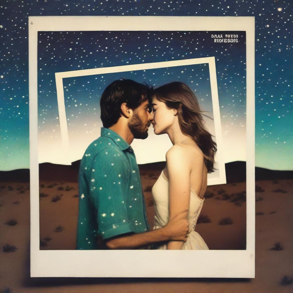 A movie poster featuring a man and woman falling in love under the desert stars, which are made up of Polaroid photos