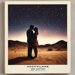 A movie poster featuring a man and woman falling in love under the desert stars, which are made up of Polaroid photos