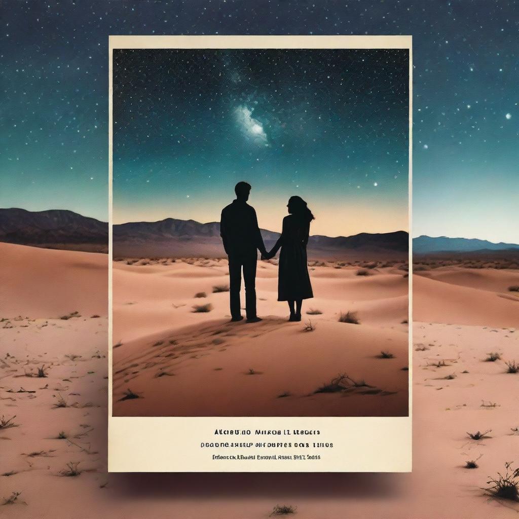 A movie poster featuring a man and woman falling in love under the desert stars, which are made up of Polaroid photos