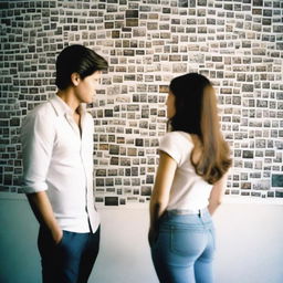 A man and a woman stand in front of a wall covered in polaroid pictures, pondering over their relationship