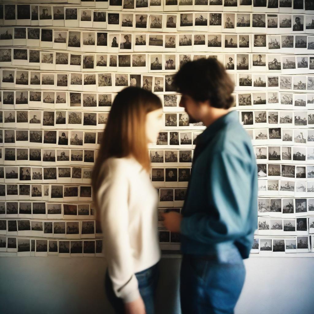 A man and a woman stand in front of a wall covered in polaroid pictures, pondering over their relationship