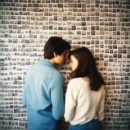 A man and a woman stand in front of a wall covered in polaroid pictures, pondering over their relationship