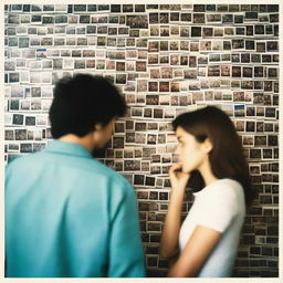 A man and a woman stand in front of a wall covered in polaroid pictures, pondering over their relationship