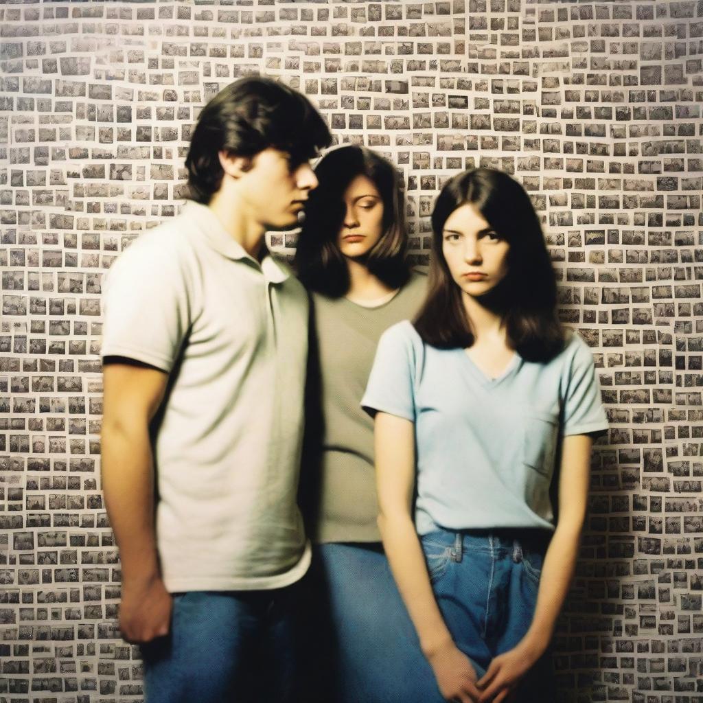 A man and a woman stand in front of a wall covered in polaroid pictures, pondering over their relationship