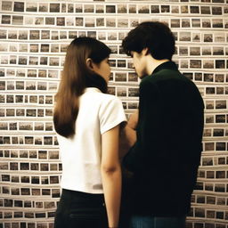 A man and a woman stand in front of a wall covered in polaroid pictures, pondering over their relationship