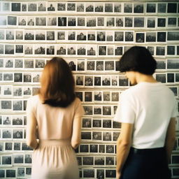 A man and a woman stand in front of a wall covered in polaroid pictures, pondering over their relationship