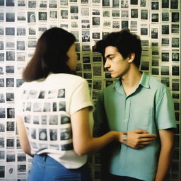 A man and a woman stand in front of a wall covered in polaroid pictures, pondering over their relationship