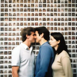 A smiling man and woman stand in front of a wall covered in polaroid pictures, pondering over their relationship