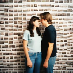 A smiling man and woman stand in front of a wall covered in polaroid pictures, pondering over their relationship