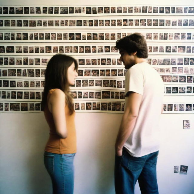 A smiling man and woman stand in front of a wall covered in polaroid pictures, pondering over their relationship