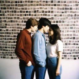 A smiling man and woman stand in front of a wall covered in polaroid pictures, pondering over their relationship